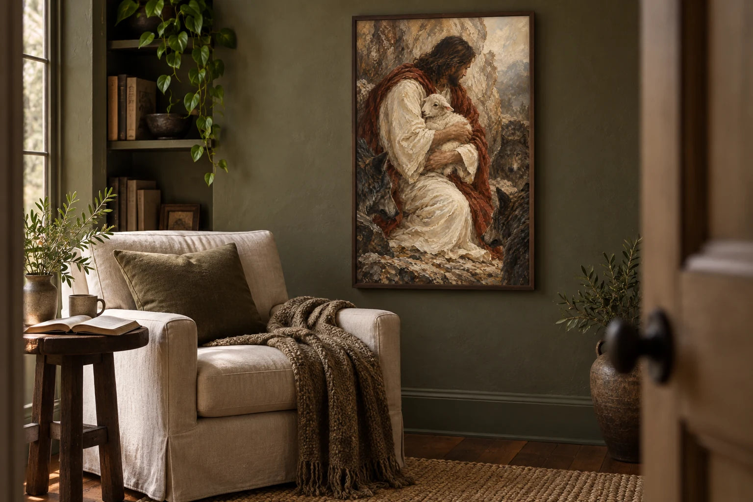 Safe in His Care beside a cream reading chair and an open book in an olive-green room