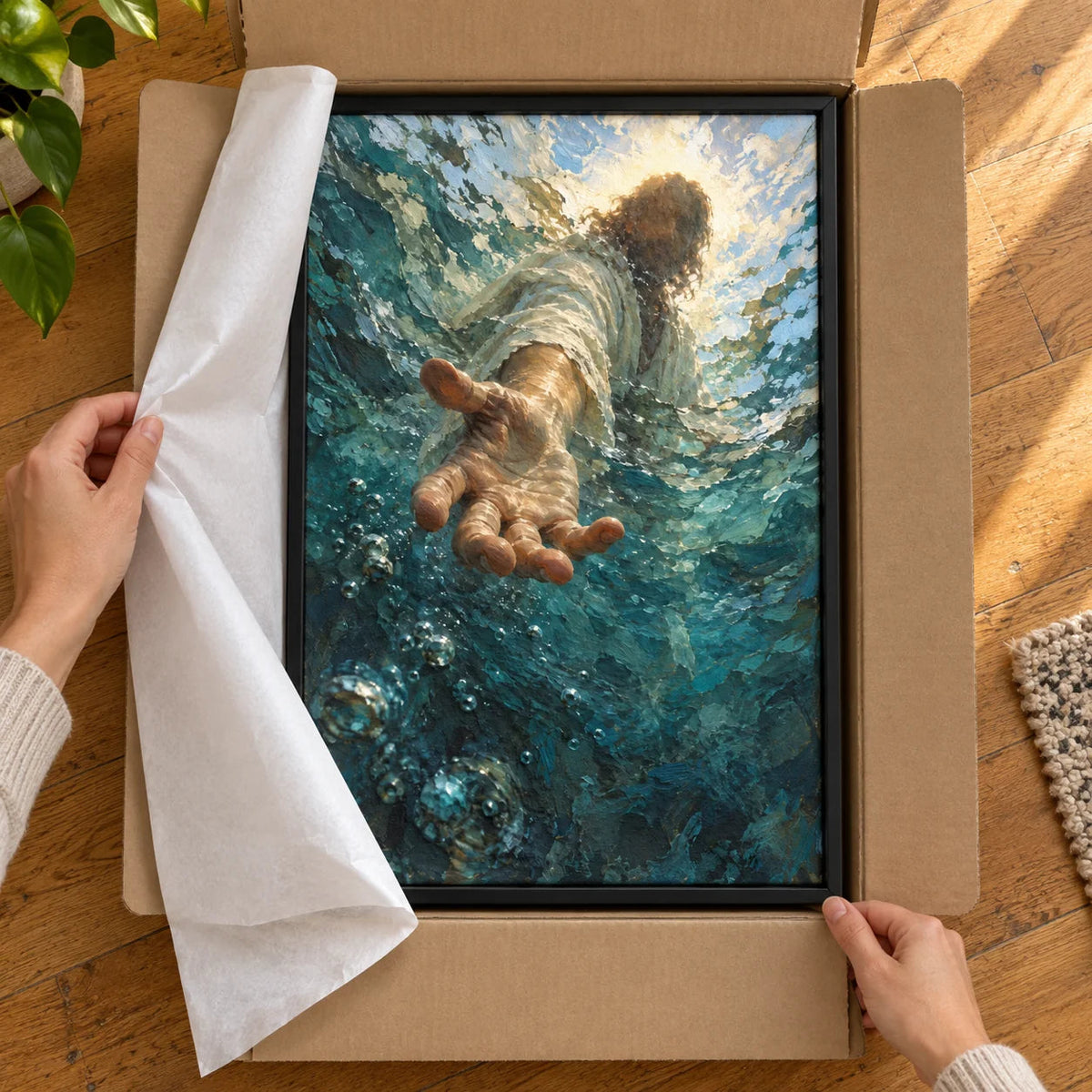 Reaching Through the Water · Unboxing view · Black frame