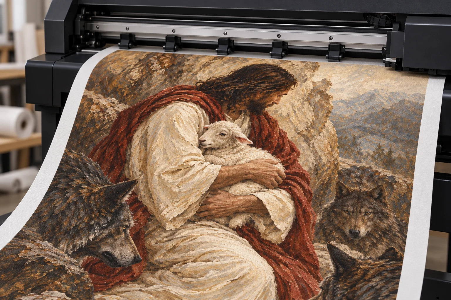 Illustration of this artwork being digitally printed onto canvas