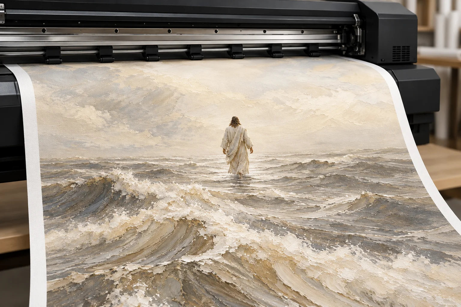 Illustration of this artwork being digitally printed onto canvas
