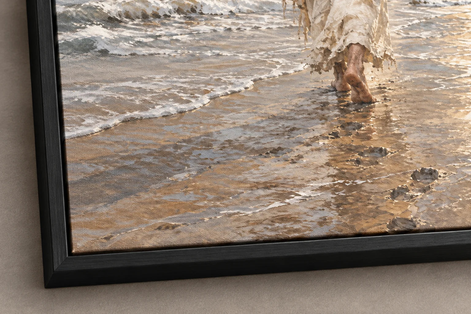 Close view of the printed canvas surface and black frame corner