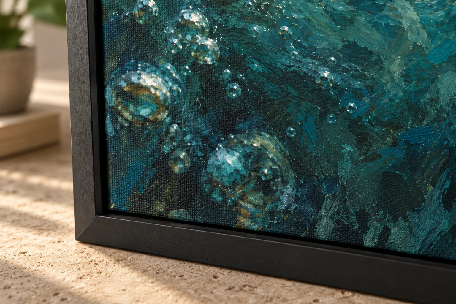 Close view of the printed canvas surface and black frame corner