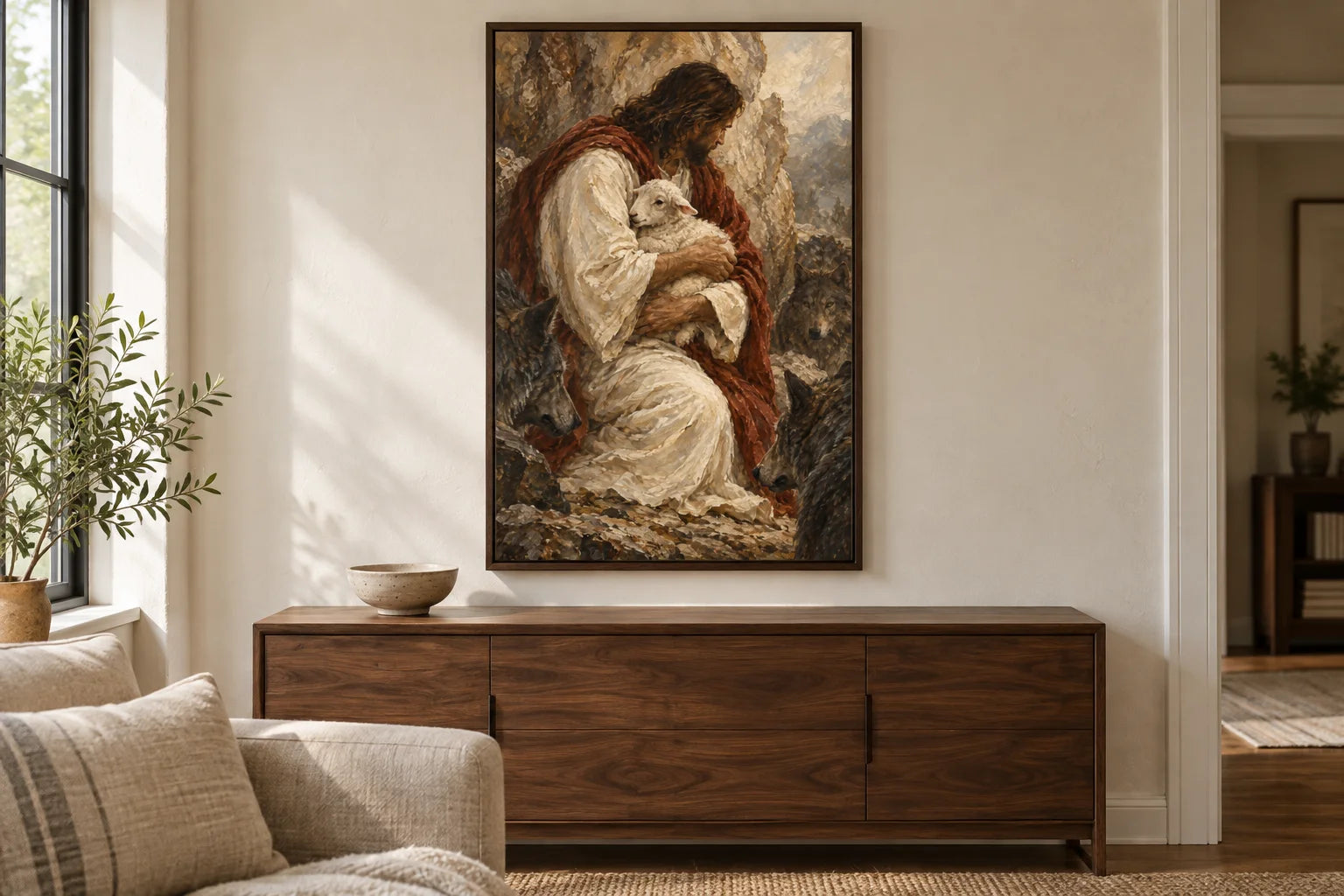Safe in His Care styled in a wood-tone frame above a walnut cabinet