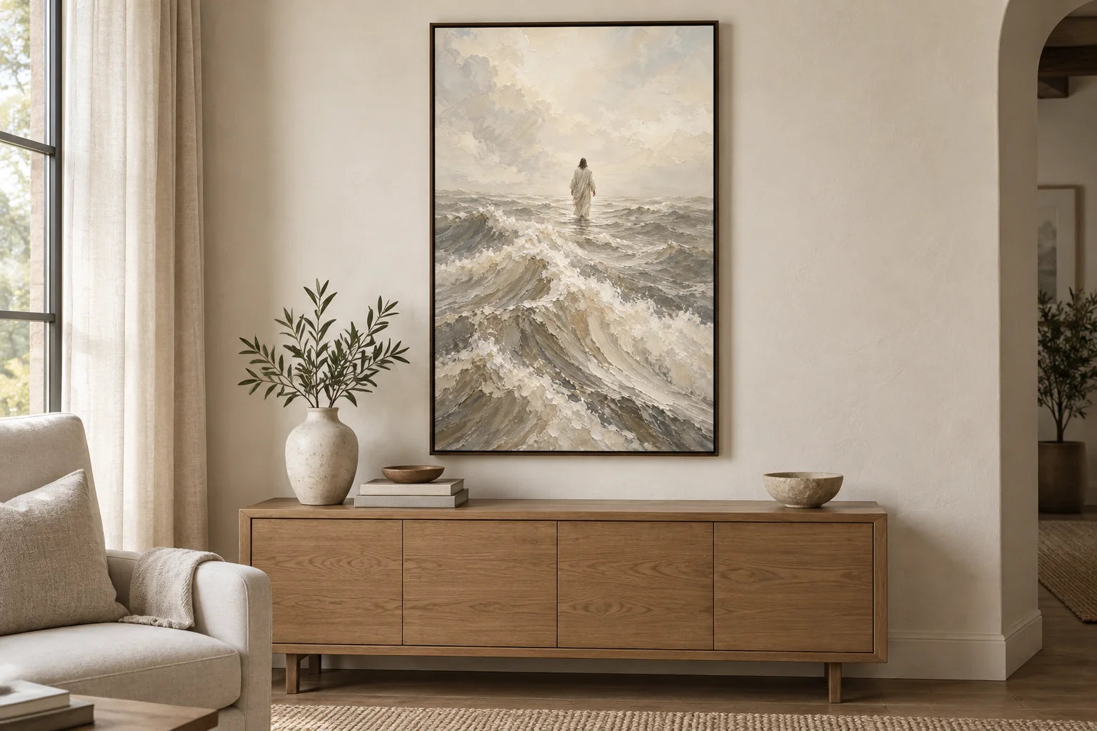 Above the Waves styled above an oak cabinet