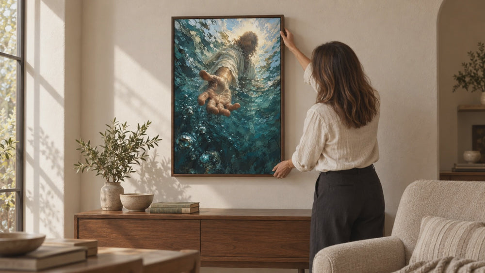 A woman positions the framed Reaching Through the Water canvas above a console and steps back.