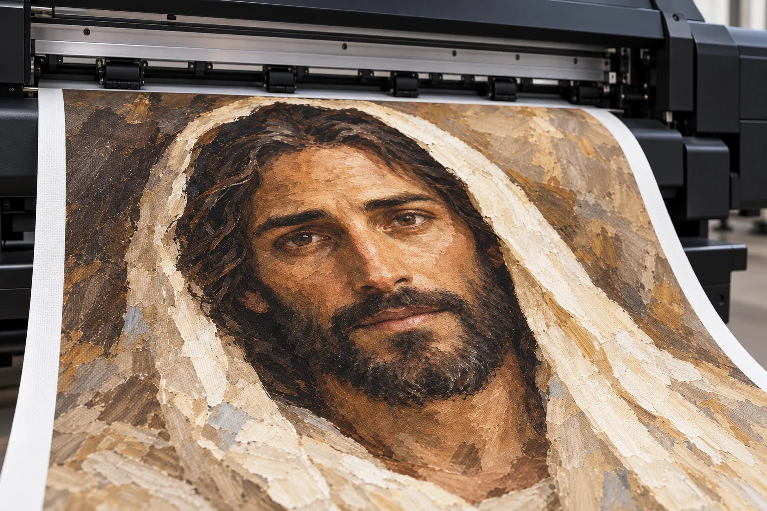 Illustration of this artwork being digitally printed onto canvas