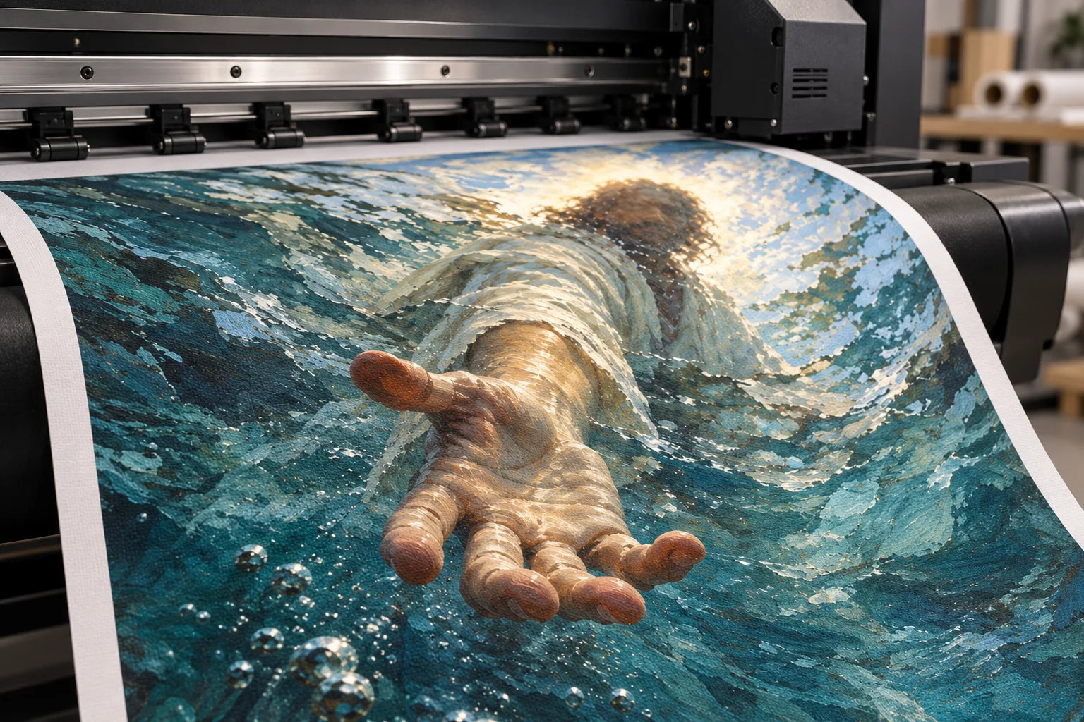 Illustration of this artwork being digitally printed onto canvas