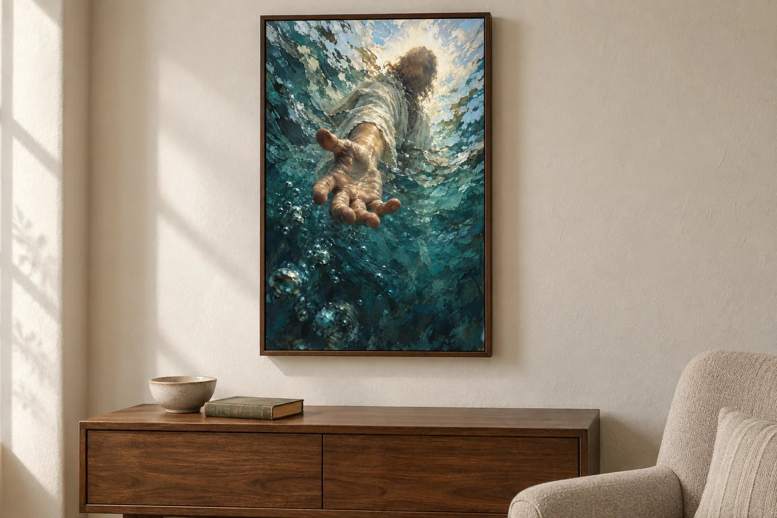 Room visualization showing Christian canvas art above a wooden console